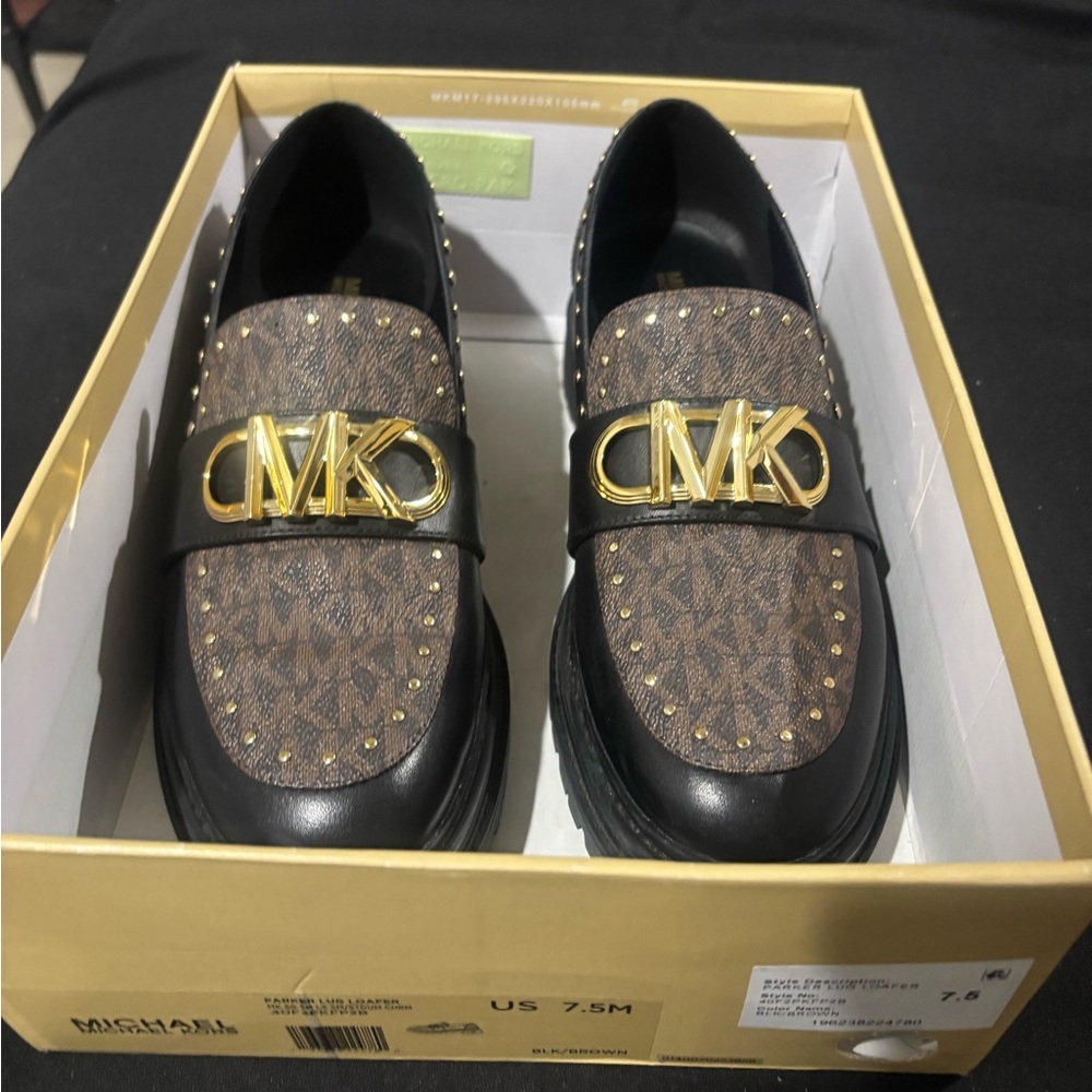 Michael Kors Black and Brown Loafers with Gold Accents